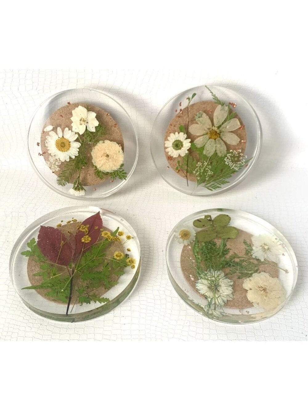 4 Resin Coasters Dried Flowers & Cork Backing Handmade 4.75" Diameter